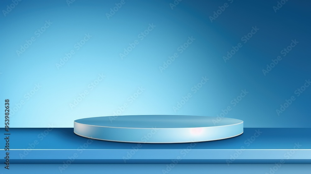 A simple, illuminated blue podium set against a gradient blue background, ideal for showcasing products or presentations. A simple, illuminated blue podium set against a gradient blue background, ideal for showcasing products or presentations.