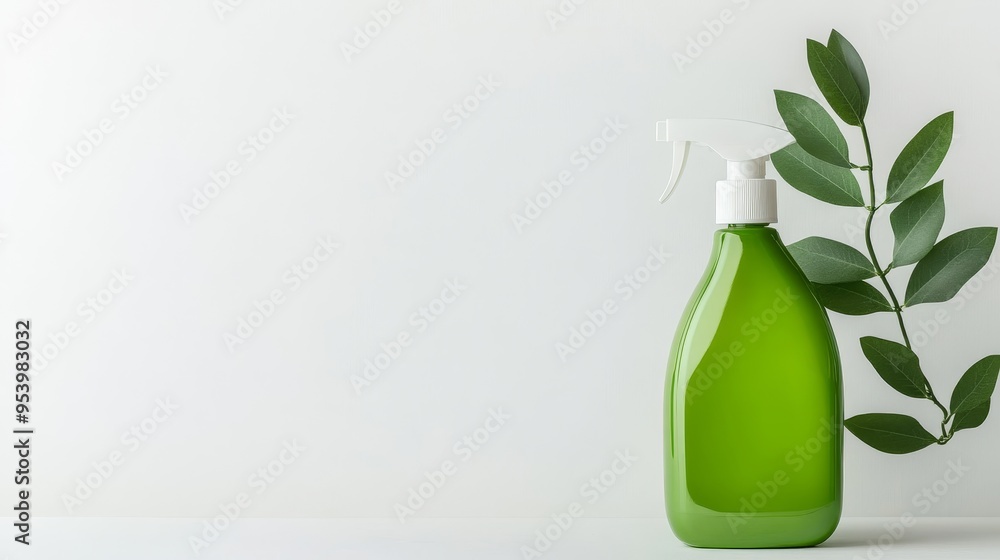 A green cleaning spray bottle with a white nozzle and a sprig of greenery, symbolizing natural cleaning, eco-friendliness, sustainability, freshness, and purity. A green cleaning spray bottle with a white nozzle and a sprig of greenery, symbolizing natural cleaning, eco-friendliness, sustainability, freshness, and purity.