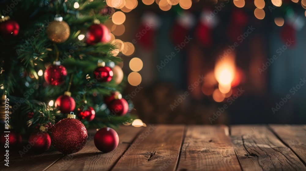 Christmas Tree with Fireplace in Background Christmas Tree with Fireplace in Background