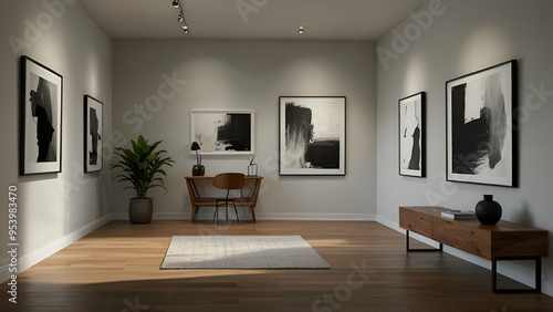 A minimalist art gallery with ample space for each piece to be fully appreciated.