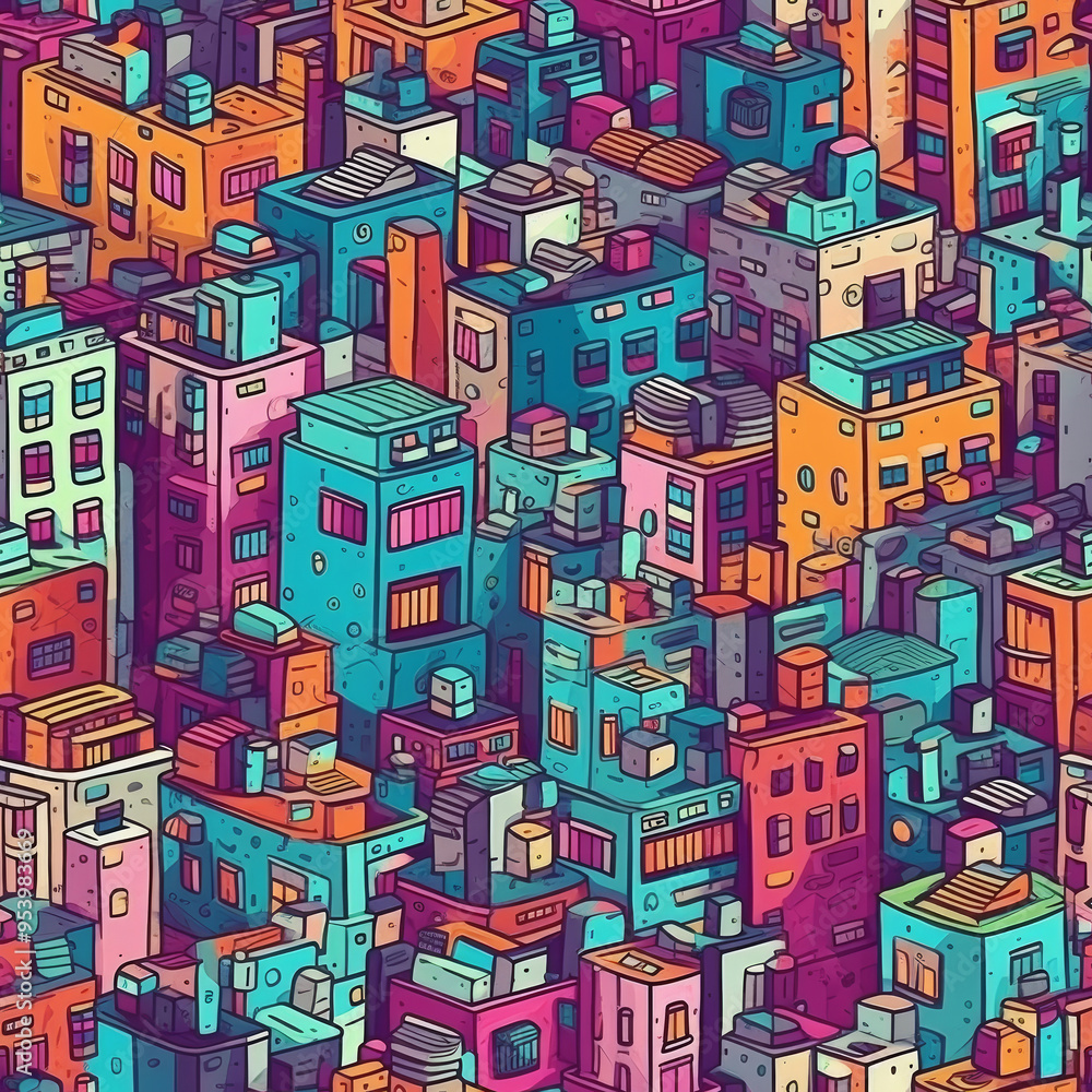 Urban palette: Bright facades of the old town, wallpaper, posters, placards, design elements for products, seamless Urban palette: Bright facades of the old town, wallpaper, posters, placards, design elements for products, seamless