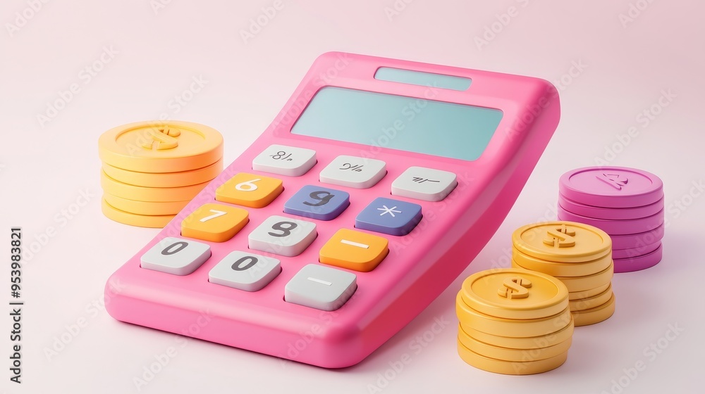 A pink 3D cartoon-style calculator with coins stacked around it, representing financial planning, budgeting, and saving money. A pink 3D cartoon-style calculator with coins stacked around it, representing financial planning, budgeting, and saving money.