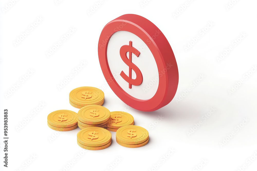 A red circle with a dollar sign inside, symbolizing a financial target, sits on a white background with gold coins scattered around it, representing wealth and financial success. A red circle with a dollar sign inside, symbolizing a financial target, sits on a white background with gold coins scattered around it, representing wealth and financial success.