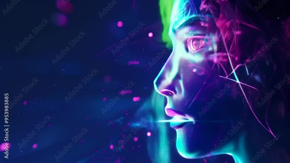 Futuristic digital artwork of a human face profile with neon lights and particles, symbolizing AI and technology. Futuristic digital artwork of a human face profile with neon lights and particles, symbolizing AI and technology.
