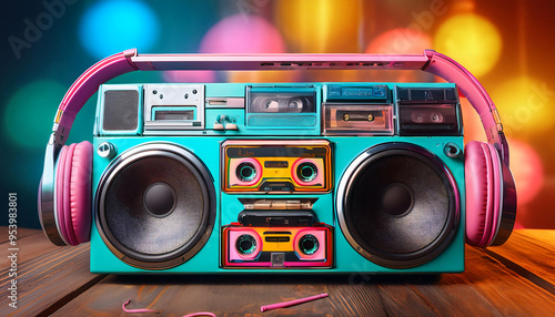 A close-up of a 90s era boombox with cassette tapes and neon-colored headphones, placed on a vintage table with a nostalgic background. Illustration.