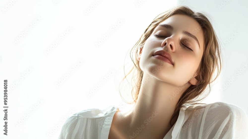 A serene woman with her eyes closed, radiating tranquility and inner peace. She is isolated against a white background, suggesting a sense of purity and simplicity. Her soft, natural beauty and relaxe A serene woman with her eyes closed, radiating tranquility and inner peace. She is isolated against a white background, suggesting a sense of purity and simplicity. Her soft, natural beauty and relaxe