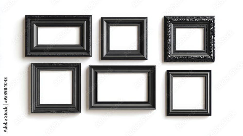A set of six black picture frames, of different sizes and styles, arranged on a white background. They are ready to display your favorite photos and memories, adding a touch of elegance to your home d