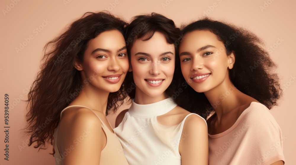 Group close up portrait of people in studio with different skin tones on pink background Group close up portrait of people in studio with different skin tones on pink background