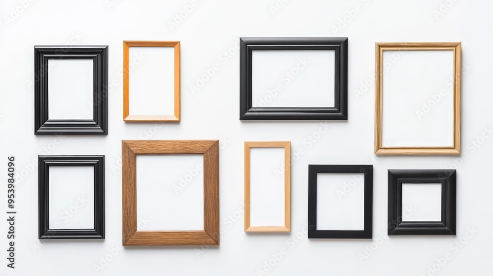 A set of 8 picture frames of various sizes and colors, perfect for displaying your favorite memories. The frames are arranged on a white background, with plenty of room to add your own photos or artwo A set of 8 picture frames of various sizes and colors, perfect for displaying your favorite memories. The frames are arranged on a white background, with plenty of room to add your own photos or artwo