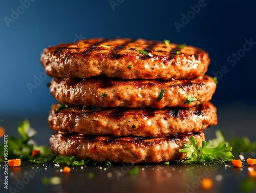 Deliciously grilled meat patties stacked high, garnished with fresh herbs, perfect for savory dishes and barbecue settings.