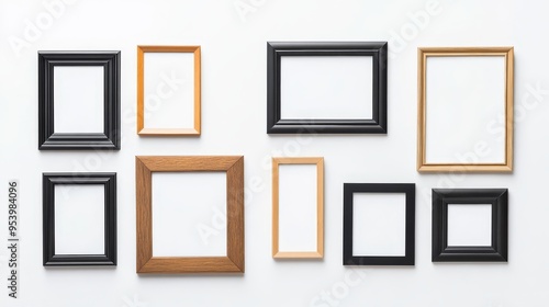 A set of 8 picture frames of various sizes and colors, perfect for displaying your favorite memories. The frames are arranged on a white background, with plenty of room to add your own photos or artwo