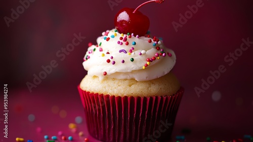 Delicious vanilla cupcake topped with frosting, colorful sprinkles, and a cherry on a maroon background