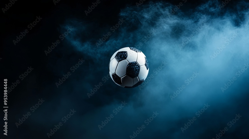 Fototapeta premium A soccer ball is suspended in mid-air against a dark, smoky background. The ball is illuminated, showcasing its texture and detail. The smoke adds a sense of motion and intensity to the image, suggest