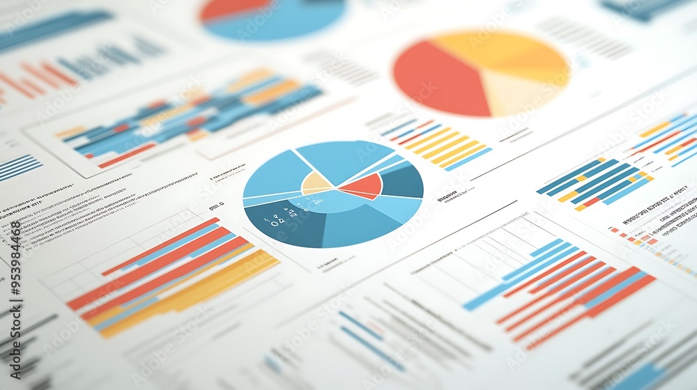 Fototapeta premium Close-up of Colorful Pie Charts and Bar Graphs on Paper