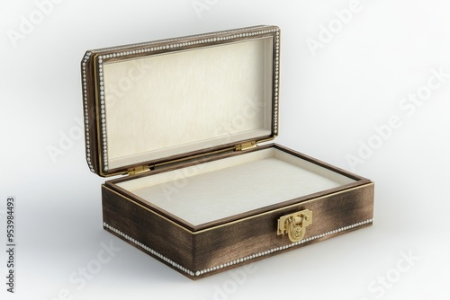 A sophisticated wooden jewelry box with a delicate pearl inlay design and a gleaming gold clasp. The box is open, revealing a soft, white interior perfect for storing and displaying precious items. Th