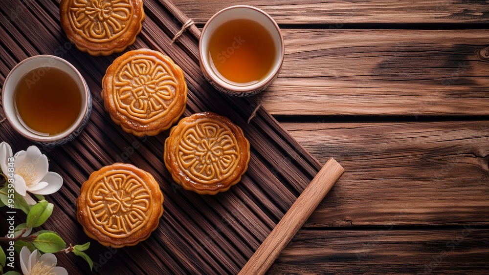 Moon cake, Mooncake table setting - Round shaped Chinese traditional pastry with tea cups on wooden background, Mid-Autumn Festival concept Moon cake, Mooncake table setting - Round shaped Chinese traditional pastry with tea cups on wooden background, Mid-Autumn Festival concept