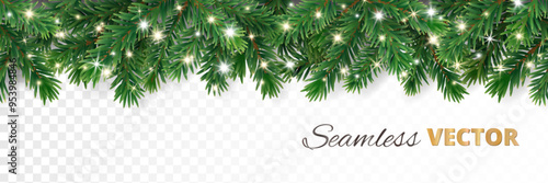 Christmas tree seamless garland with glowing sparkling Christmas lights decoration. Vector border for holiday banners, party posters, headers. Transparent background can be removed in vector file.
