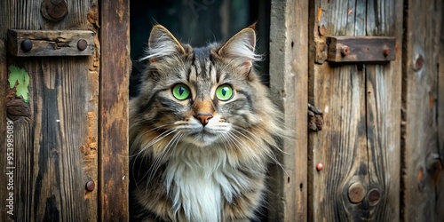 A slender, long-haired feline with bright green eyes and a petite nose peeks out from behind a worn, photo