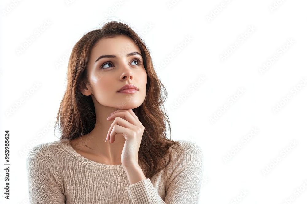 A young woman with long brown hair looks thoughtfully up towards the left side of the frame, her chin resting on her hand. She is wearing a light beige sweater and has a soft, natural look. The image A young woman with long brown hair looks thoughtfully up towards the left side of the frame, her chin resting on her hand. She is wearing a light beige sweater and has a soft, natural look. The image