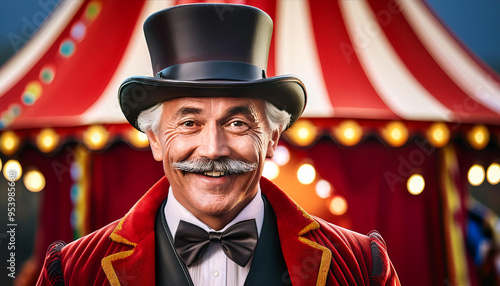 A headshot of a circus ringmaster in full costume, featuring a top hat, red coat, and elaborate mustache. The background is a blurred circus tent, emphasizing the ringmaster's charismatic expression a