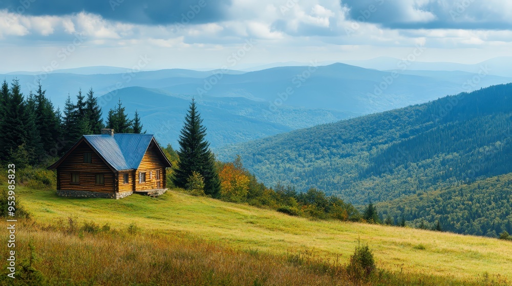 Serene wooden cabin on a grassy hillside with stunning mountain views under a cloudy sky, surrounded by dense forest and rolling hills. Serene wooden cabin on a grassy hillside with stunning mountain views under a cloudy sky, surrounded by dense forest and rolling hills.