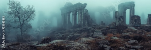 Ancient stone ruins, weathered and overgrown, stand tall against a backdrop of dense fog.  The ethereal mist creates an atmosphere of mystery and intrigue, hinting at forgotten stories and lost civili photo