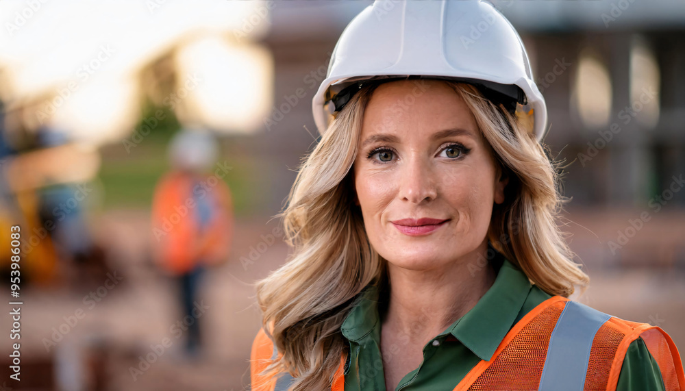 A headshot of a construction worker in a hard hat and reflective vest, with a softly blurred construction site background. A headshot of a construction worker in a hard hat and reflective vest, with a softly blurred construction site background.