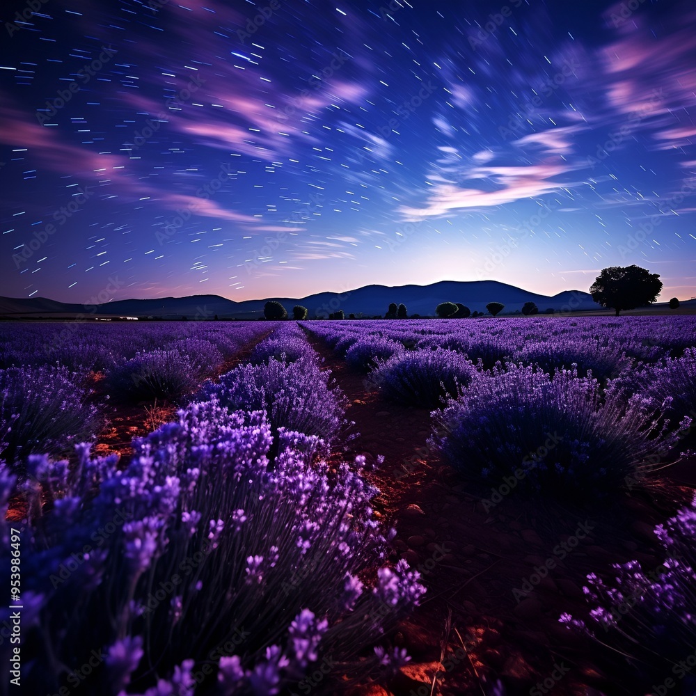 a field of lavender at night. a field of lavender at night.