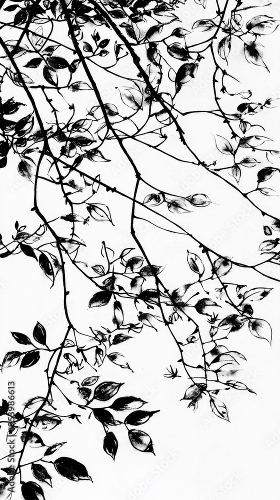 Black and White Silhouette of Branch and Leaves