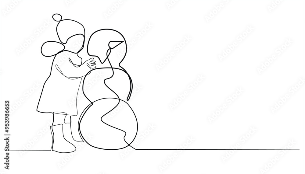 continuous line of little boy playing with snowman.one line drawing playing in winter.single line playing in snow.isolated white background continuous line of little boy playing with snowman.one line drawing playing in winter.single line playing in snow.isolated white background