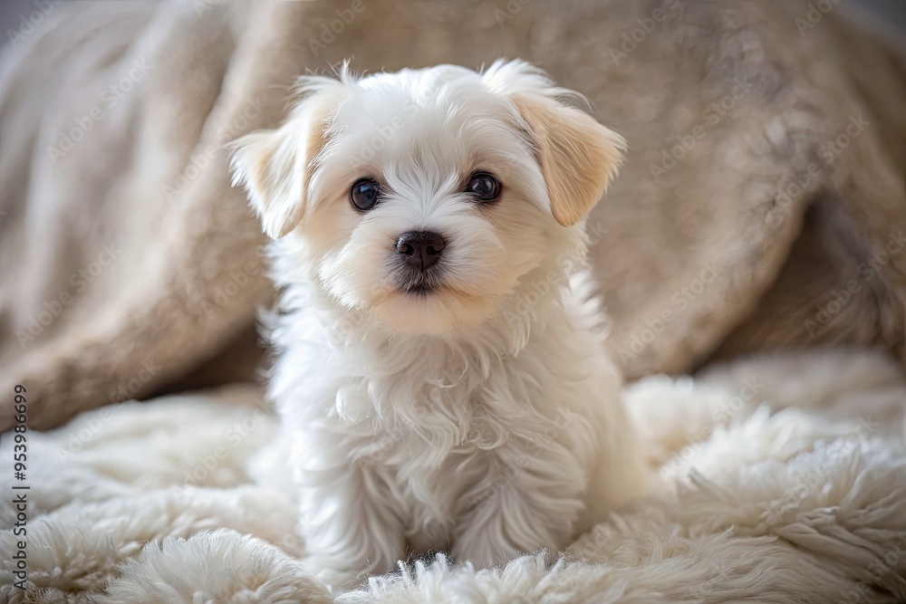 A Small, White Maltese Puppy With Fluffy Fur Sits On A Blanket, Looking Up With Curious Eyes. A Small, White Maltese Puppy With Fluffy Fur Sits On A Blanket, Looking Up With Curious Eyes.