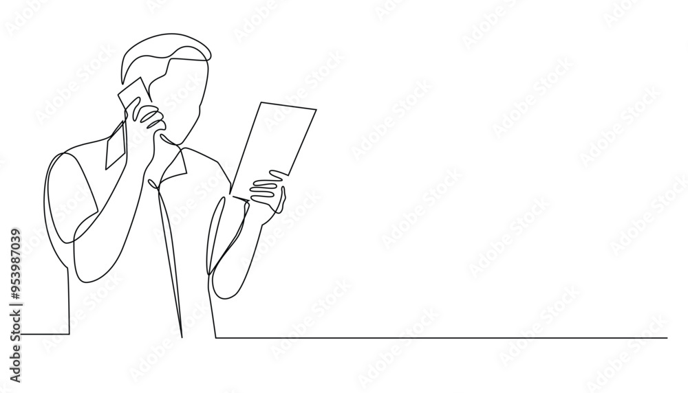 one continuous line of business man calling and reading a piece of paper.one line drawing of mature man with work activity.reading work report.single line vector illustration.isolated whit one continuous line of business man calling and reading a piece of paper.one line drawing of mature man with work activity.reading work report.single line vector illustration.isolated whit