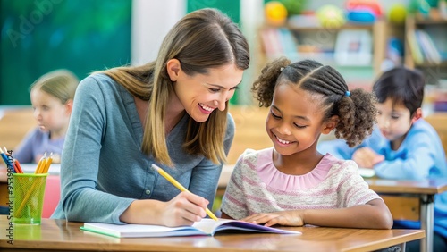 A smiling assistant helps a student with a worksheet at a bustling elementary school desk, surrounded by colorful