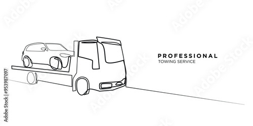 continuous line professional car towing service.one line drawing of towing car.single line vector illustration of car towing business.car towing damaged or accident.isolated white background
