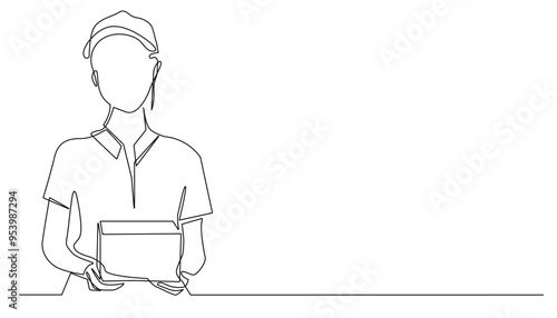 continuous line of woman delivering packages.one line drawing of woman courier.single line vector illustration.editable stroke.isolated white background.