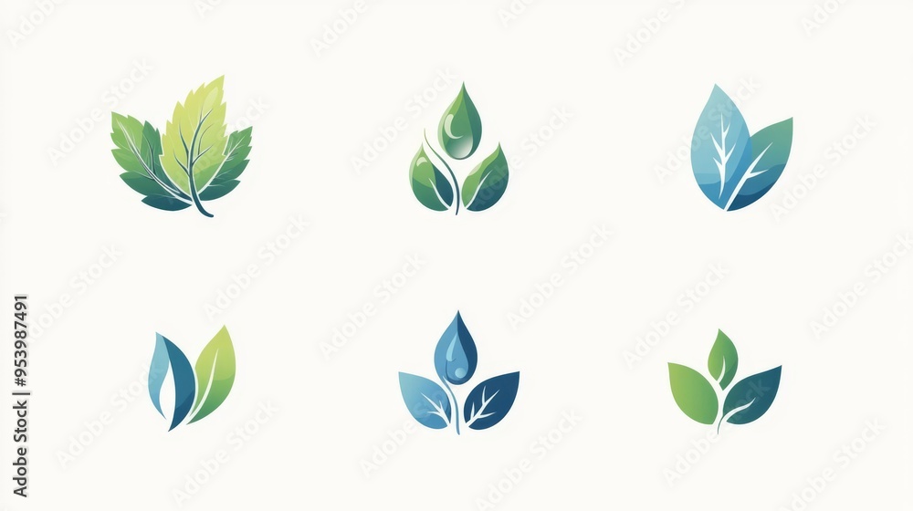 Collection of eco-friendly leaf and water drop icons, representing nature, sustainability, and environmental care. Collection of eco-friendly leaf and water drop icons, representing nature, sustainability, and environmental care.