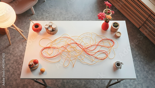 a sleek and intricate design of ai-shaped senes adorns a white table, surrounded by a variety of colorful objects The senes form patterns and curves, forming intricate patterns  , generative ai  photo