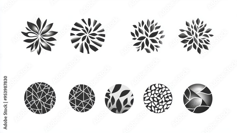 Set of abstract graphic shapes and patterns. Black and white circular designs with leaf and geometric elements. Ideal for logos and icons. Set of abstract graphic shapes and patterns. Black and white circular designs with leaf and geometric elements. Ideal for logos and icons.