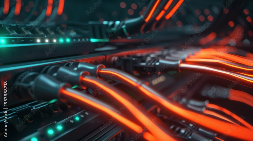 Server Rack with Glowing Orange Cables Server Rack with Glowing Orange Cables