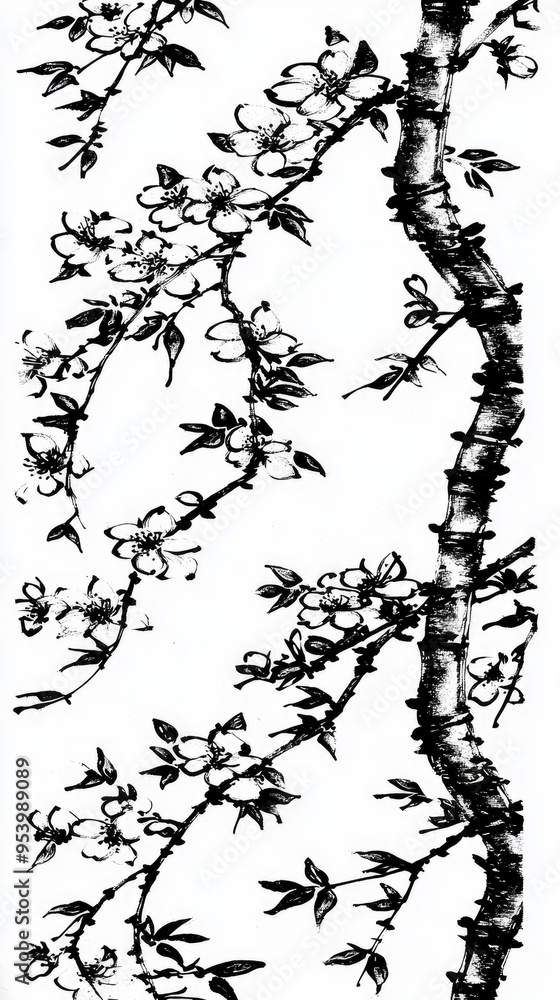 Obraz premium Black and White Ink Painting of a Branch of Flowers