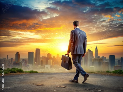 A solitary figure walks away from a faded cityscape at dusk, abandoning a worn-out briefcase and shedding a