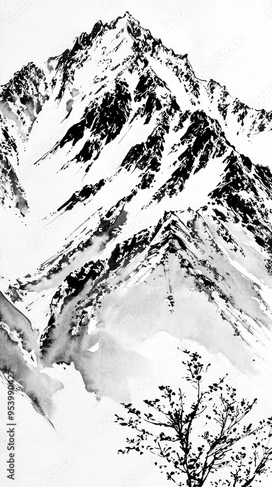 Black and White Ink Wash Painting of Mountain Landscape Black and White Ink Wash Painting of Mountain Landscape