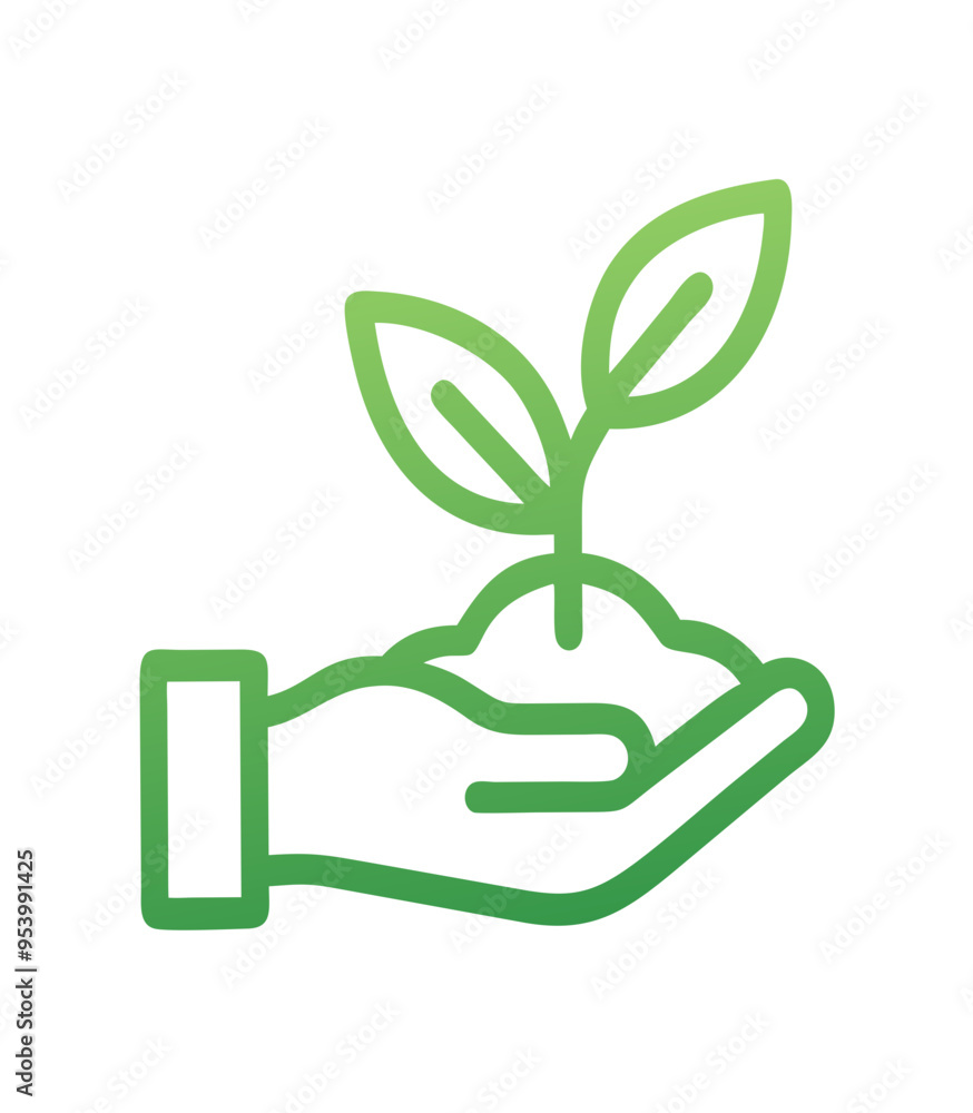 Green icon of a hand gently holding a sprouting plant, symbolizing care for the environment and sustainable practices Green icon of a hand gently holding a sprouting plant, symbolizing care for the environment and sustainable practices