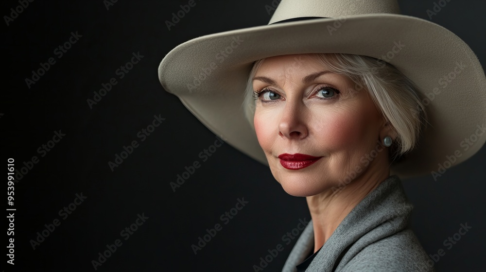 portrait of an elegant middle aged woman wearing subtle makeup and a hat, 8k high resolution