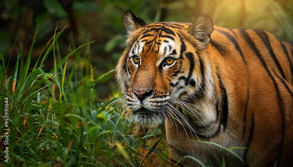 Fototapeta premium Tiger Stalking Through Jungle Foliage