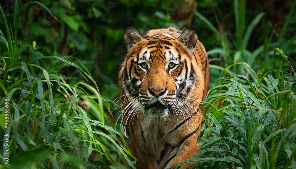 Fototapeta premium Tiger Stalking Through Jungle Foliage