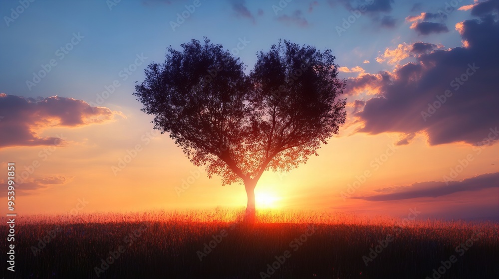 heart shaped tree on a hill with sunset, concept of love and romance heart shaped tree on a hill with sunset, concept of love and romance