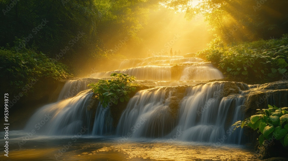 Obraz premium Tropical forest with a beautiful morning light shining on a waterfall , tropical, forest, morning, sunlight, waterfall, nature