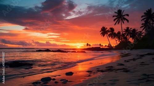 a sunset over a beach in water.