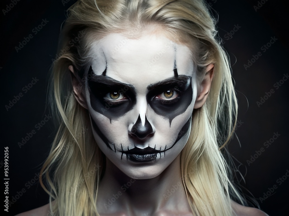 A spooky pale-skinned model wears a eerie white and black ghostly face paint design with dark circles and A spooky pale-skinned model wears a eerie white and black ghostly face paint design with dark circles and